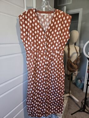 Garnet Hill Rust with White Leaf-Spot Button Midi Dress